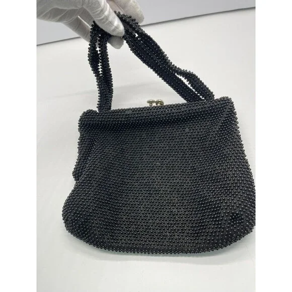 Vintage 1960s Lumured Black Corde Beaded Handbag purse Kiss lock Petit cool - Picture 13 of 16